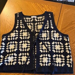 LC Lauren Conrad Navy and Cream Crochet Vest